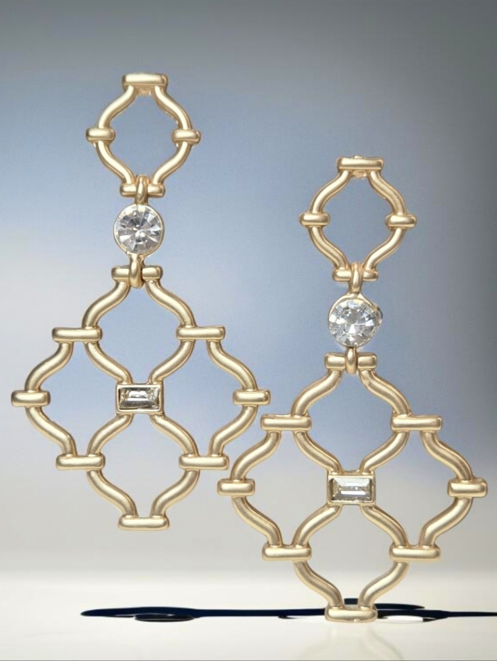 Luxury Matte Gold London Gate Lattice Zircon Crystal Dangle Earrings